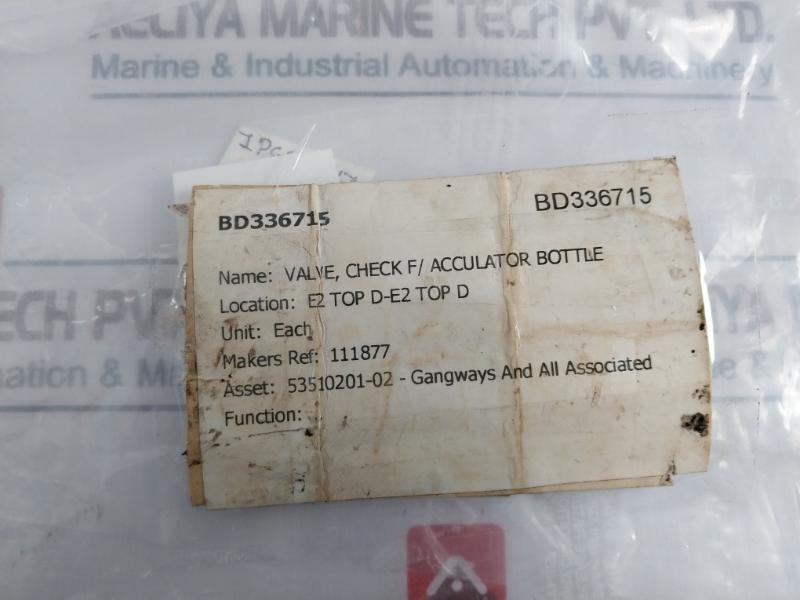 111877 HYDRAULIC CHECK VALVE for Accumulator Bottle