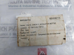 111877 HYDRAULIC CHECK VALVE for Accumulator Bottle