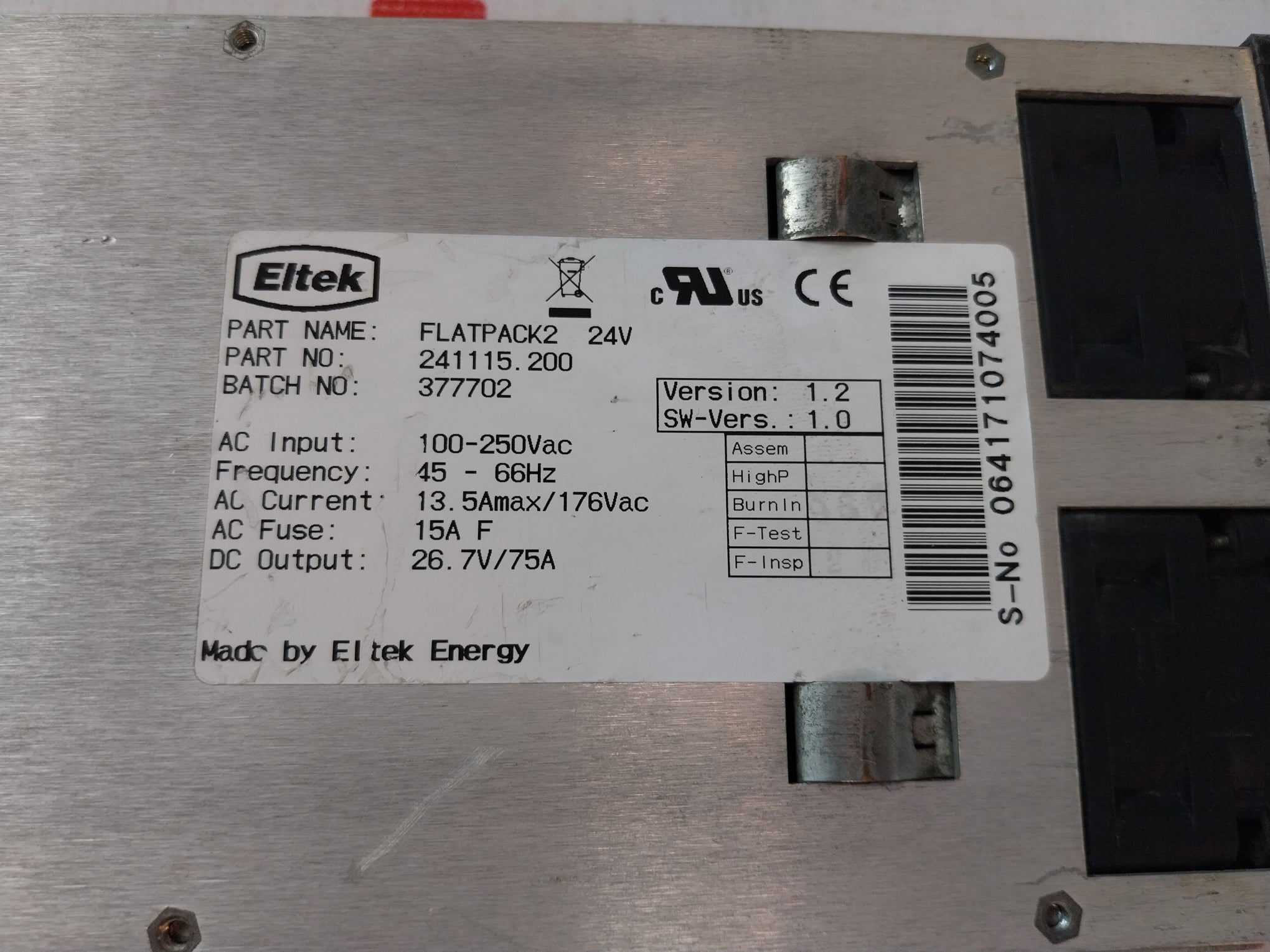 Eltek 241115.200 Flatpack 2 Telecom Power Rectifier Module Ac Input-100-250Vac