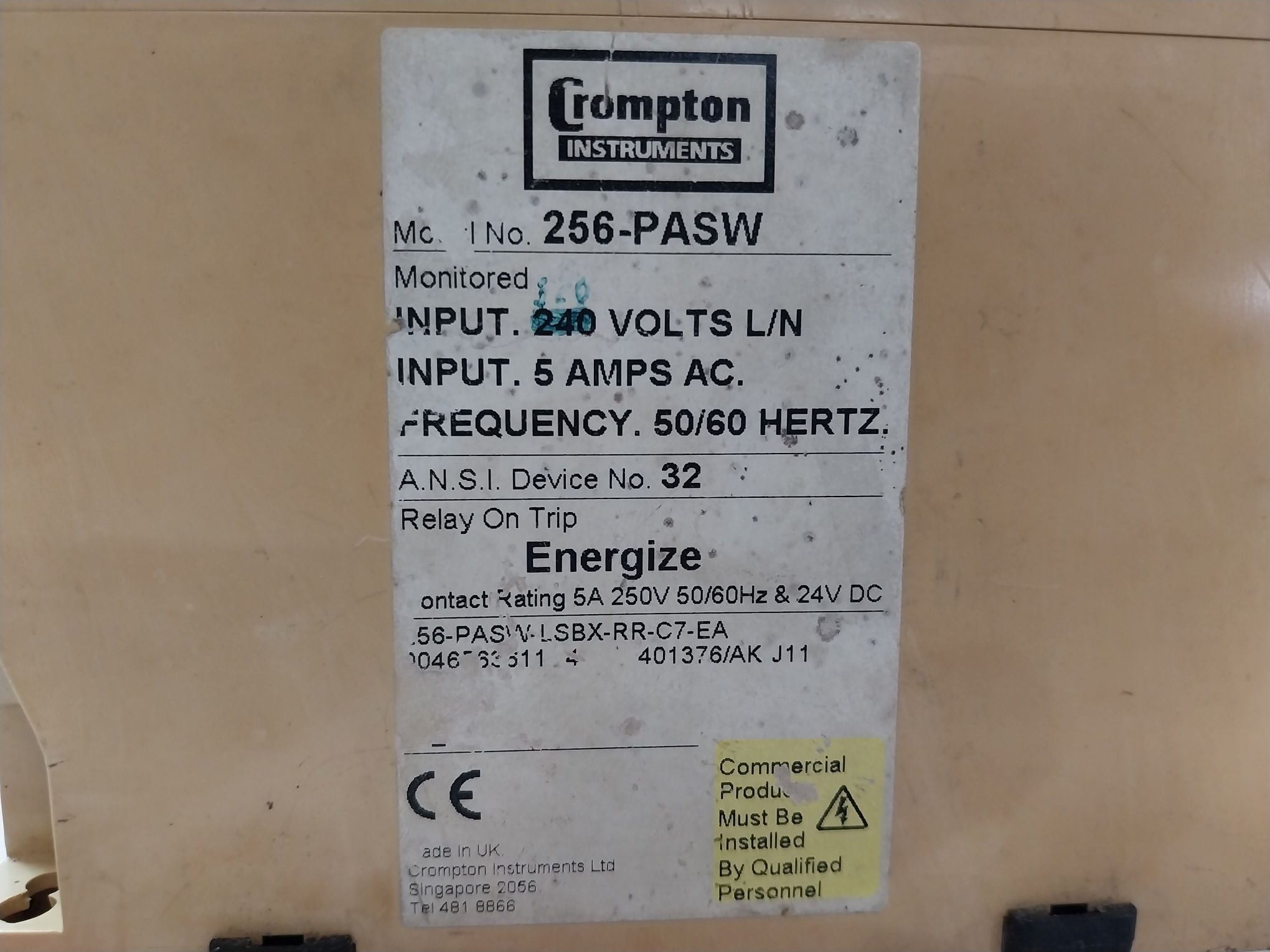 Crompton 256-pasw-lsbx-rr-c7-ea Reverse Power Relay 5A 250V 50/60Hz 24Vdc