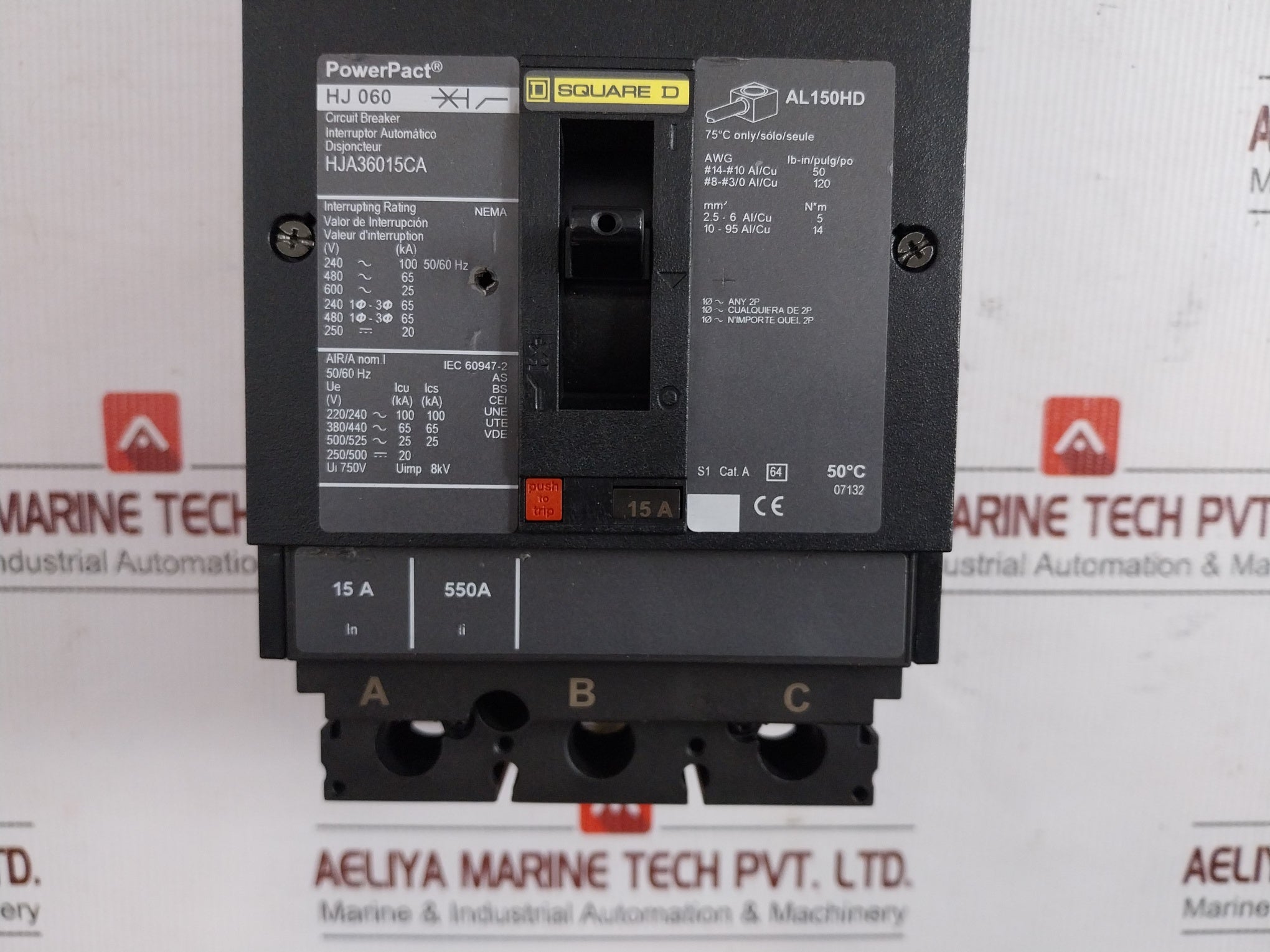 Hj060 3-pole Circuit Breaker Hja36015Ca 750V 15A Square D