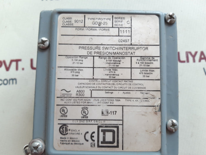 Square D 9012 gdw-25 pressure switch ser.C