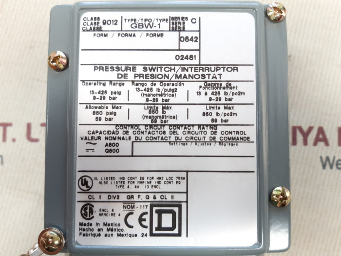 square D 9012 gbw-1 ser.c pressure switch