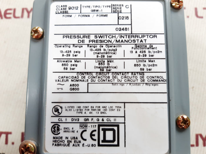 Square D gbw-1 pressure switch ser C New