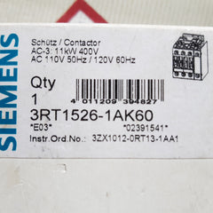 Siemens 3rt1526-1ak60 contactor 110/120v 50/60hz