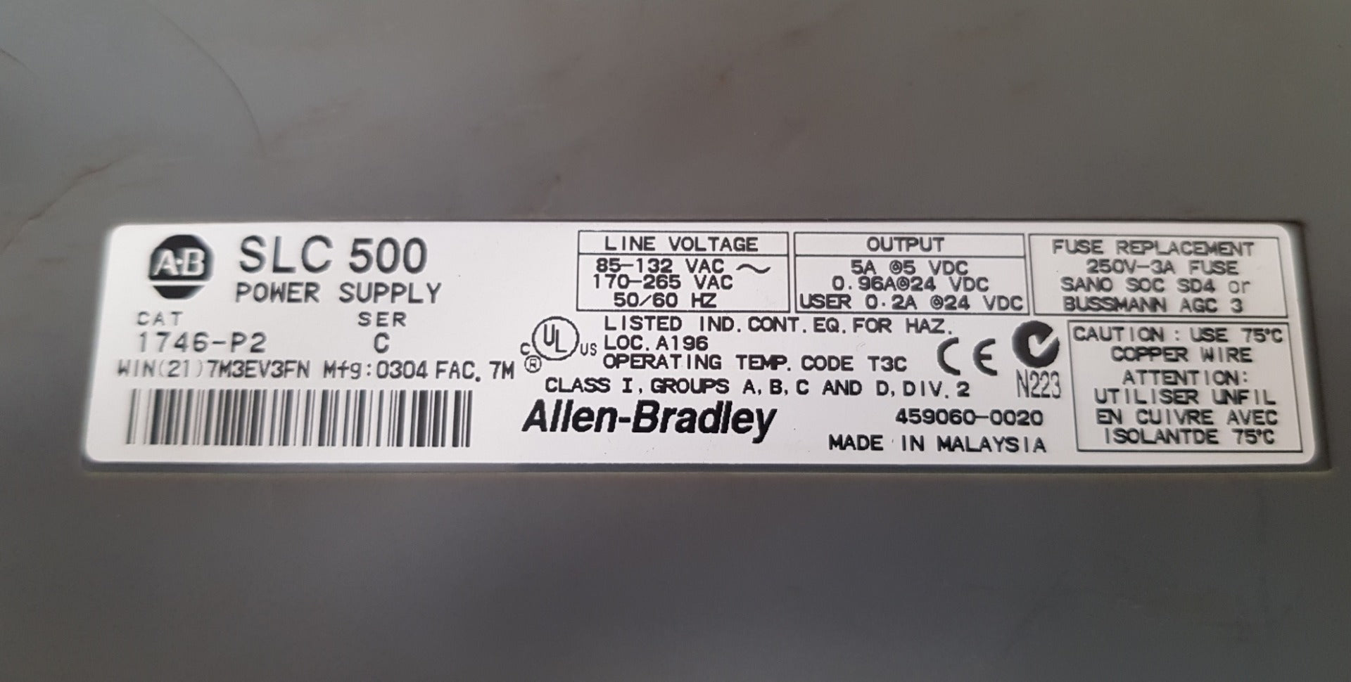 Allen-bradley Slc 500 1746-p2 Ser.C Power Supply