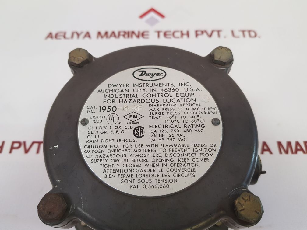 Dwyer 1950-0-2F Explosion Proof Pressure Switch Used - Aeliya Marine Tech