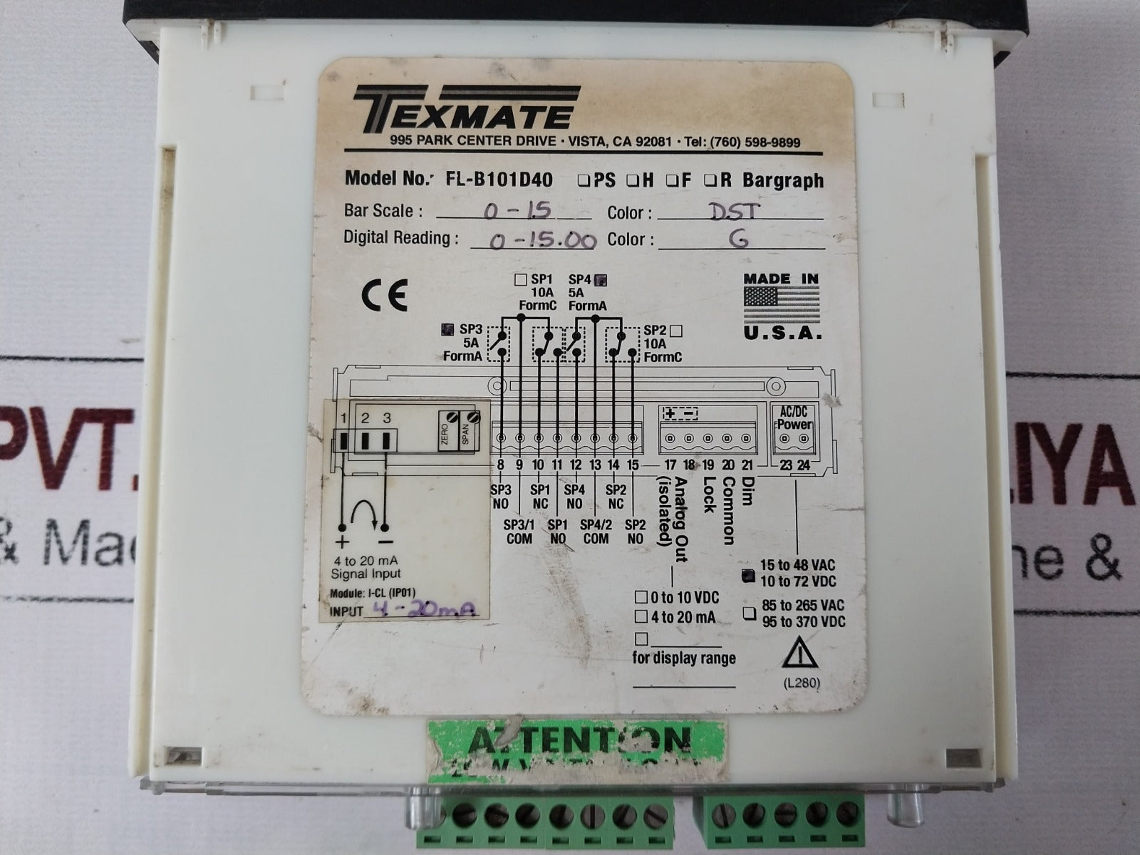Texmate Fl-b101D40 Bargraph Meter Bar Scale:0-15 M