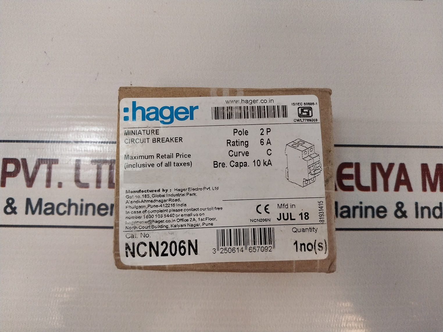 Hager ncn206n miniature circuit breaker 6a 2-pole