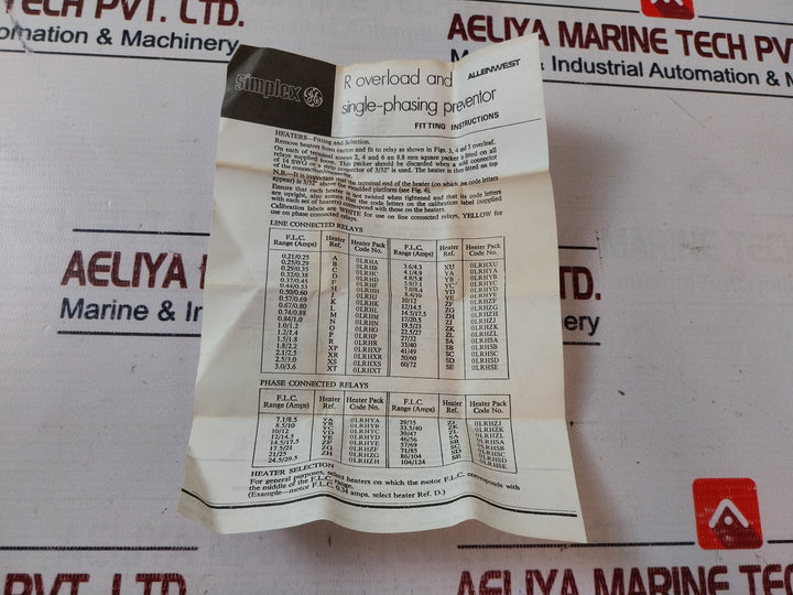 ALLENWEST OLRHSA Overload Relay Heater Pack SA 24.006.0068