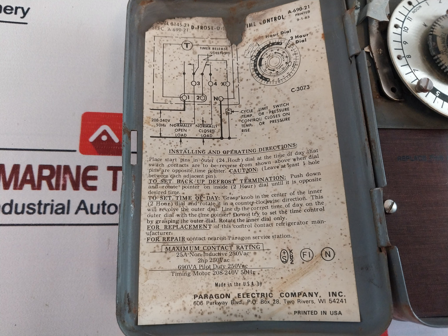Paragon Electric 8145-21 D-frost-o-matic Timer Control 250V Ac