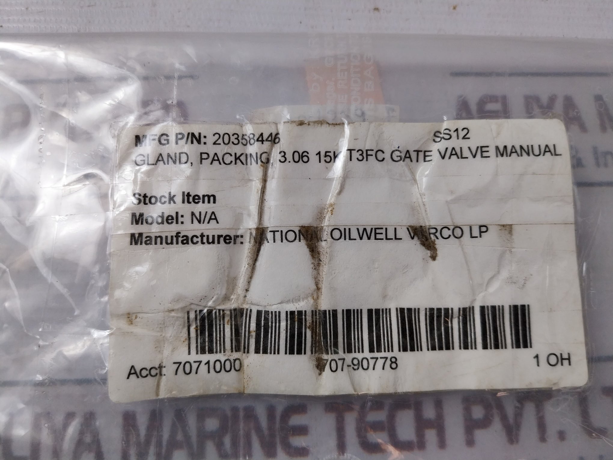 National Oilwell Varco 20358446 Gland Packing 3.06 15K T3Fc Gate Manual Valve