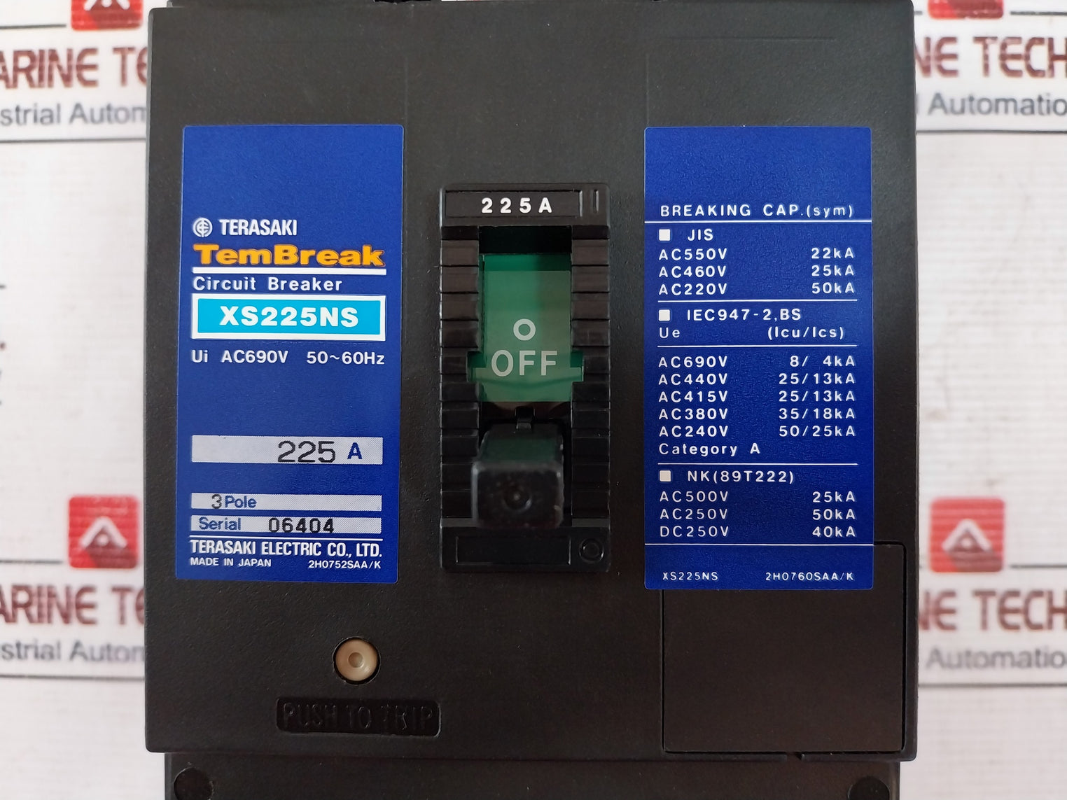 Terasaki TemBreak XS225NS 3 Pole Circuit Breaker 225A AC690V 50-60Hz