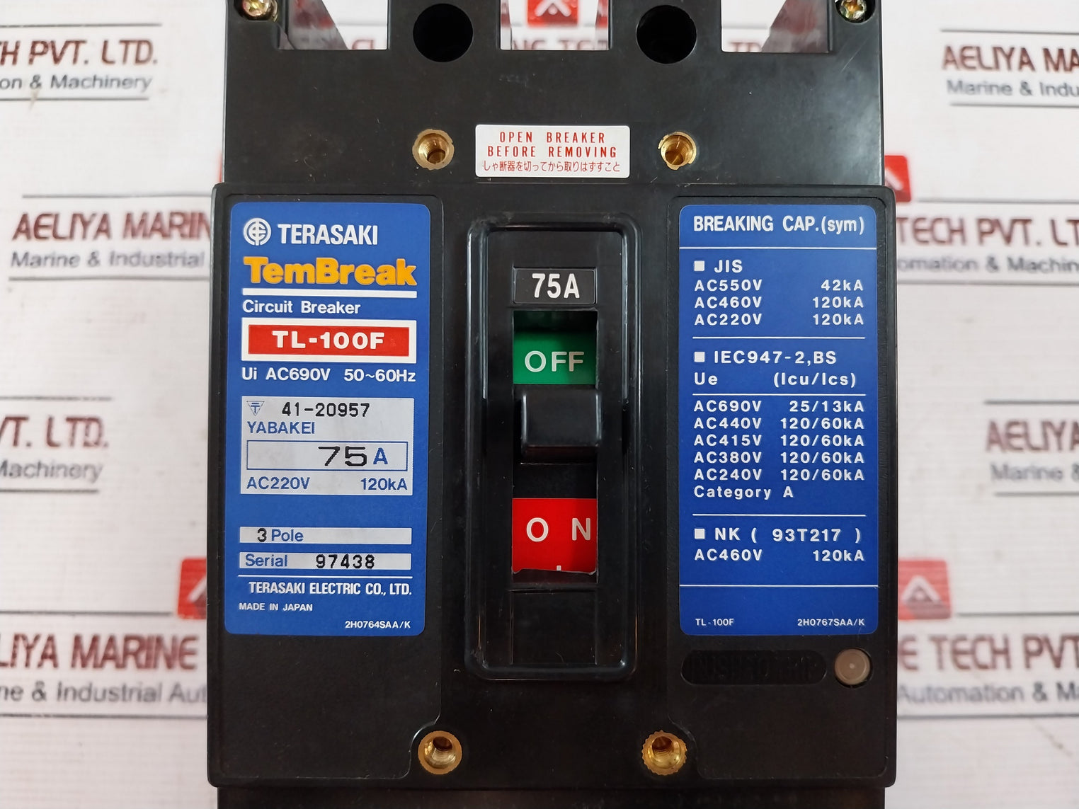 Terasaki Tl-100f Tembreak 3 Pole Current Limiting Circuit Breaker 75a Ac690v