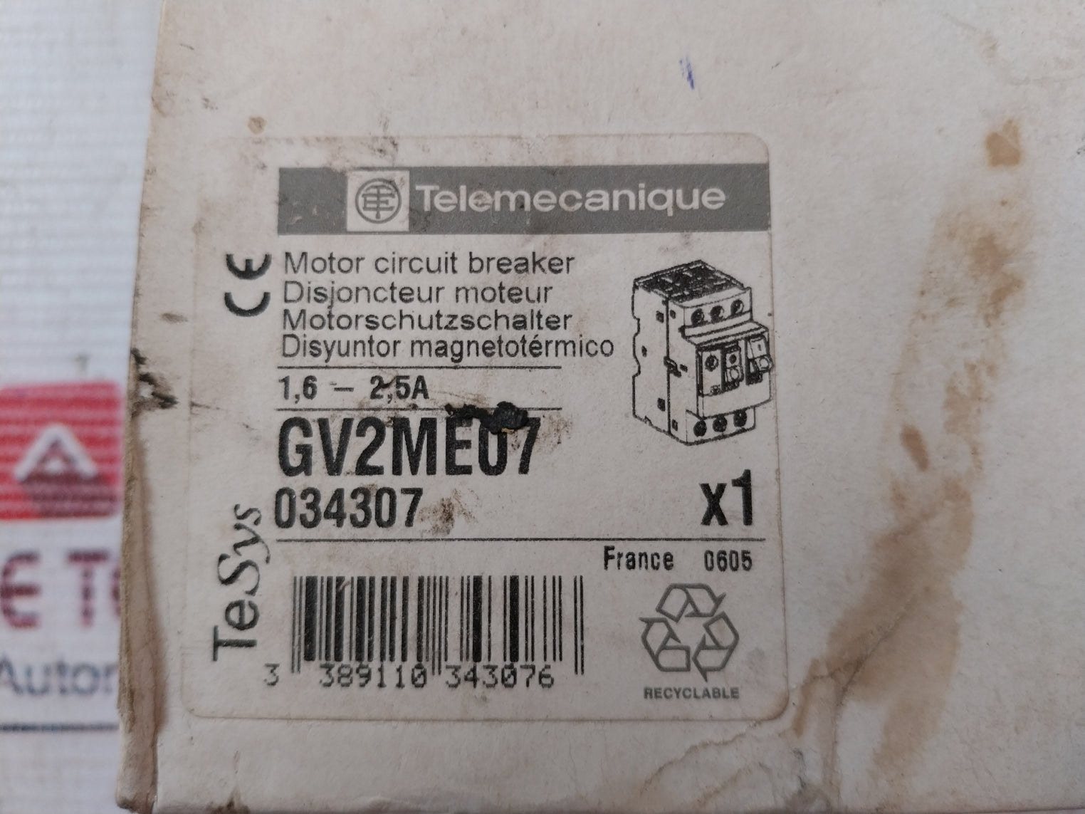 Telemecanique Gv2Me07/1.6-2.5A Motor Circuit Breaker Gv2Me07/1.6-2.5A
