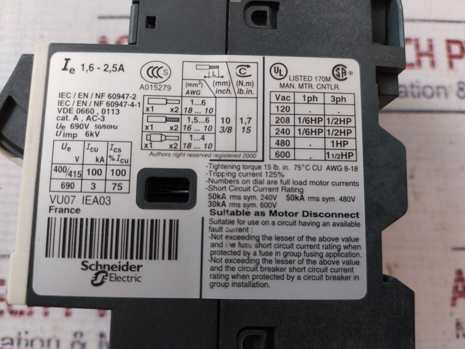 Telemecanique Gv2Me07/1.6-2.5A Motor Circuit Breaker Gv2Me07/1.6-2.5A