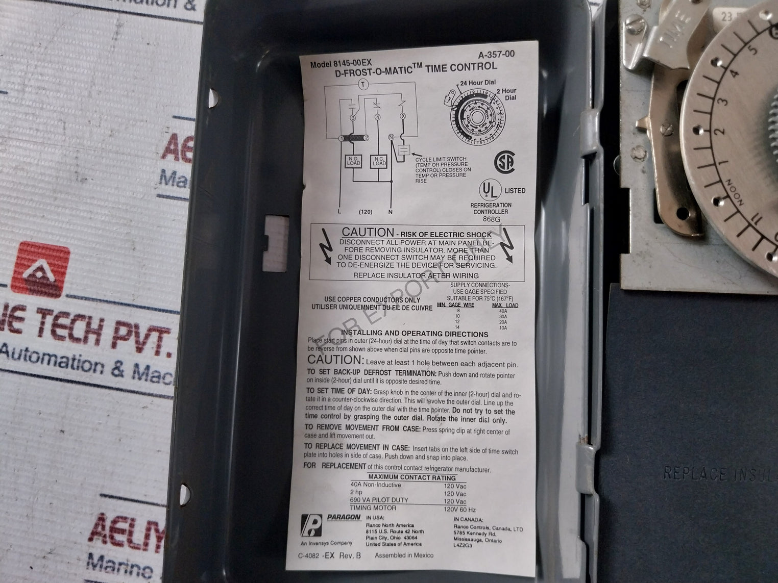 Paragon 8145-00ex Defrost Time Control A-357-00 2 Hp 120v 60hz Rev. B