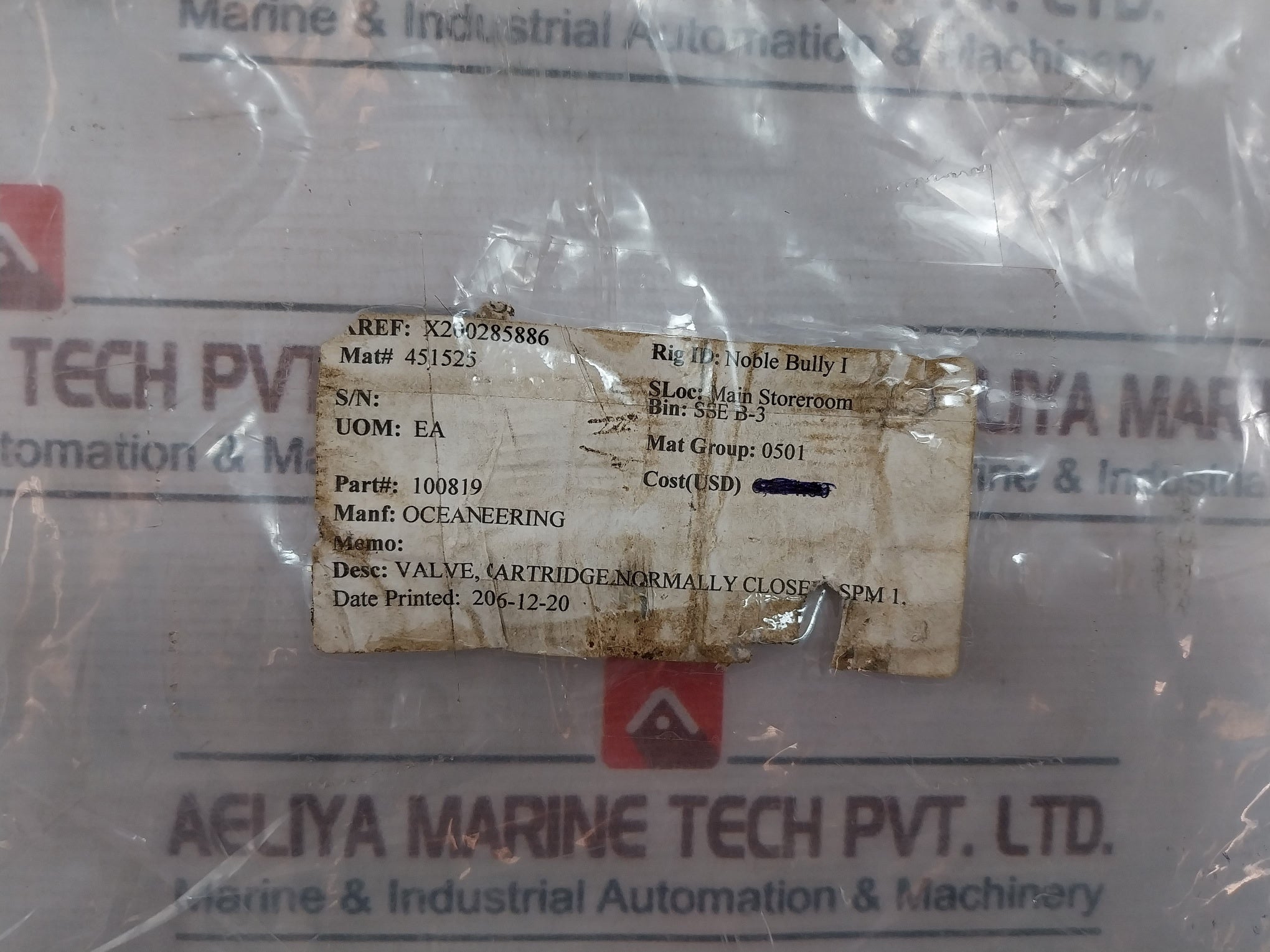 Oceaneering 100819 Cartridge Valve 100368 Rev. A