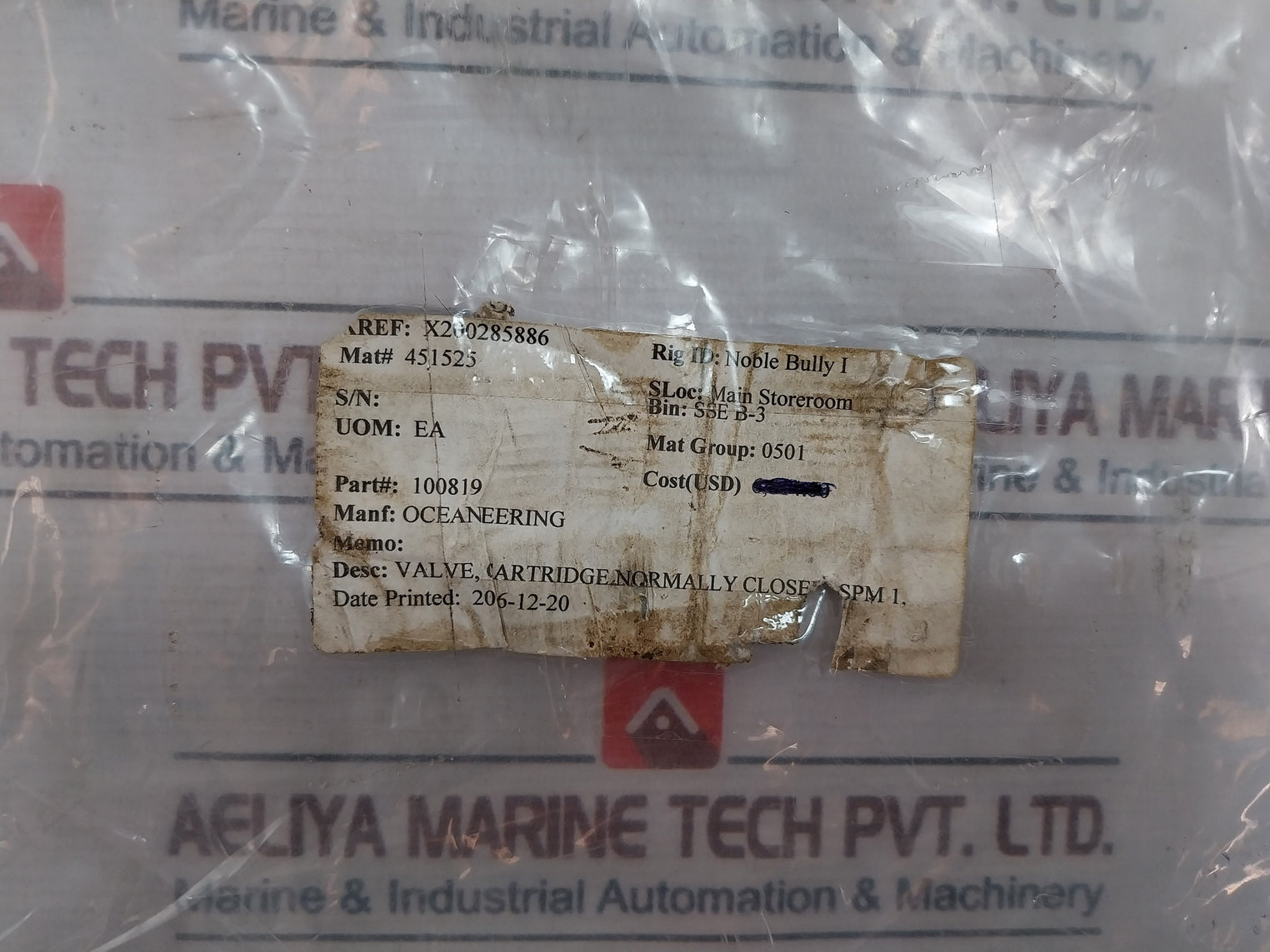 Oceaneering 100819 Cartridge Valve 100368 Rev. A