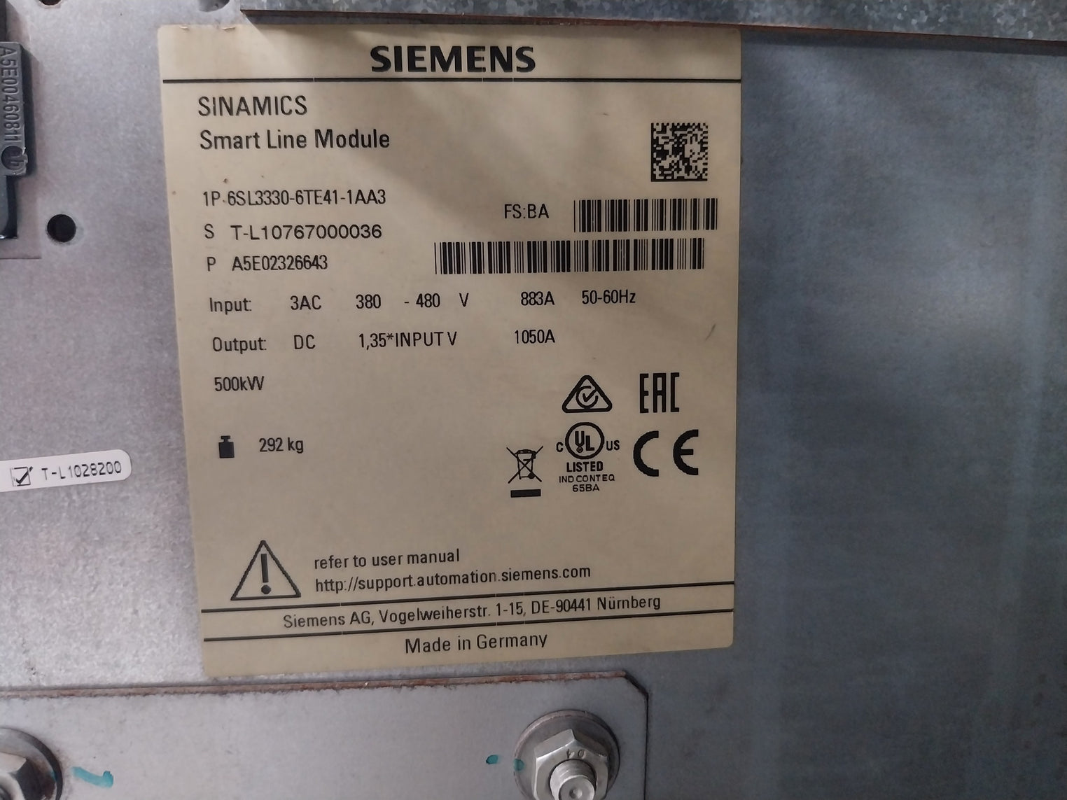 Siemens 1P-6Sl3330-6Te41-1Aa3 Sinamics Smart Line Module 6Sl3352-1Ae38-4Ca1 883A