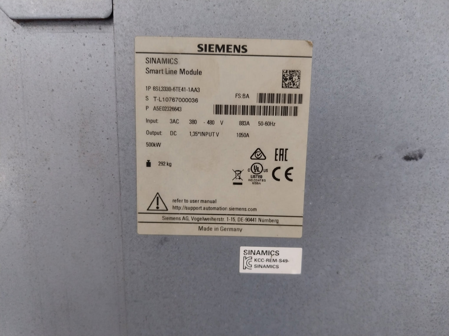 Siemens 1P-6Sl3330-6Te41-1Aa3 Sinamics Smart Line Module 6Sl3352-1Ae38-4Ca1 883A