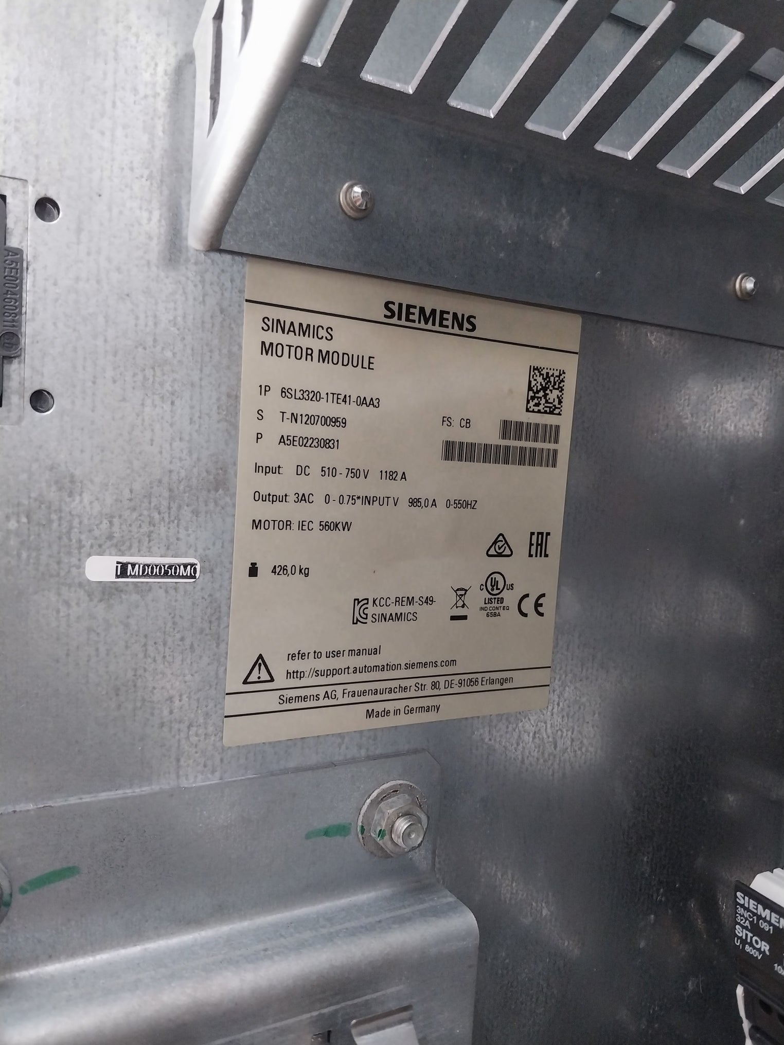 Siemens 6Sl3320-1Te41-0Aa3 Sinamics Motor Module 6Sl3352-1Ae41-0Fa1 Dc 510-750V