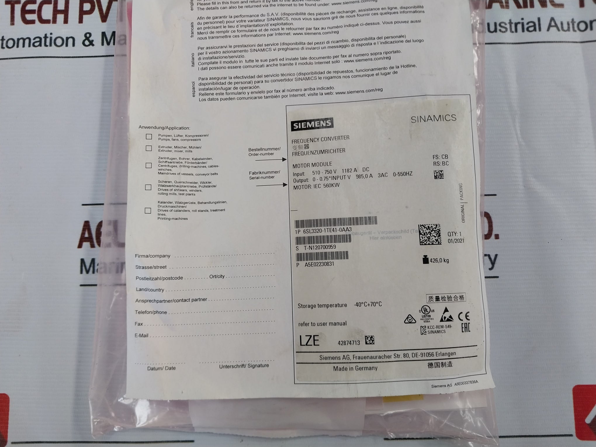 Siemens 6Sl3320-1Te41-0Aa3 Sinamics Motor Module 6Sl3352-1Ae41-0Fa1 Dc 510-750V