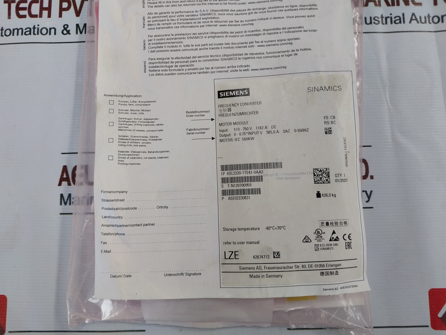 Siemens 6Sl3320-1Te41-0Aa3 Sinamics Motor Module 6Sl3352-1Ae41-0Fa1 Dc 510-750V