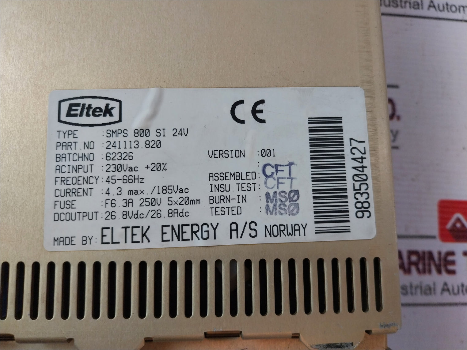 Eltek Smps 800 Si 24V Power Supply 241113.820 230Vac/24Vdc 45-66Hz Version: 001