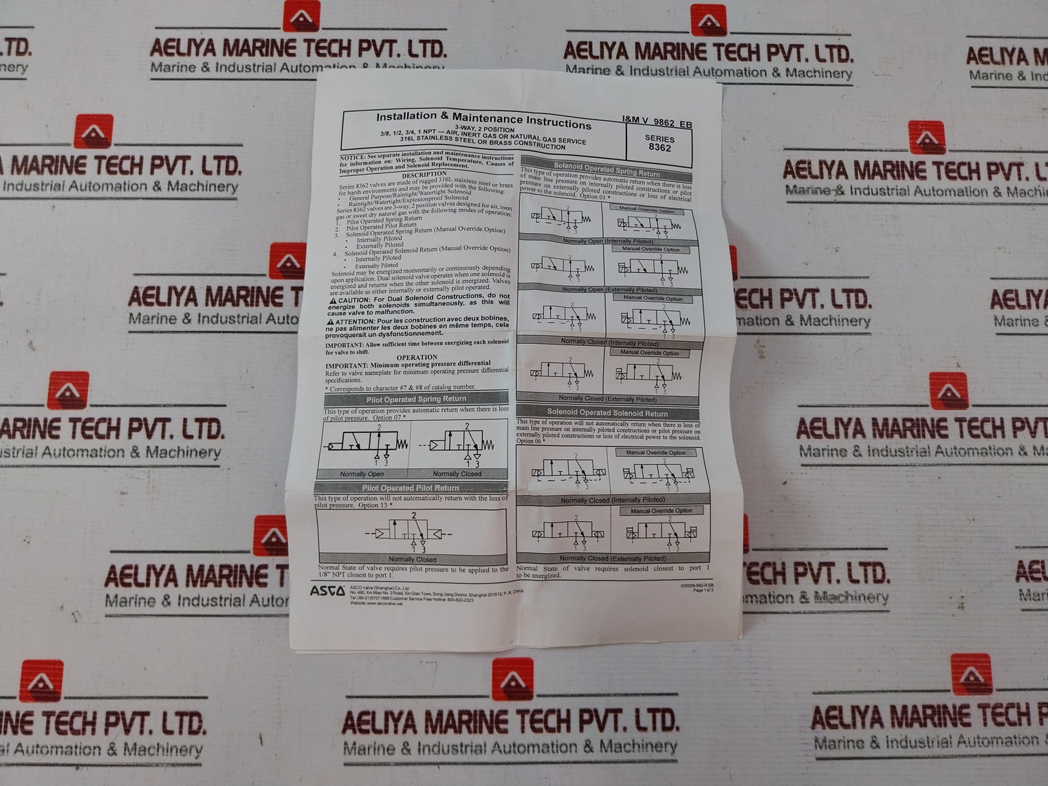 Asco 8362A2070001000 3-Way, 2 Position Valve 40-200PSI 3/8 NPT