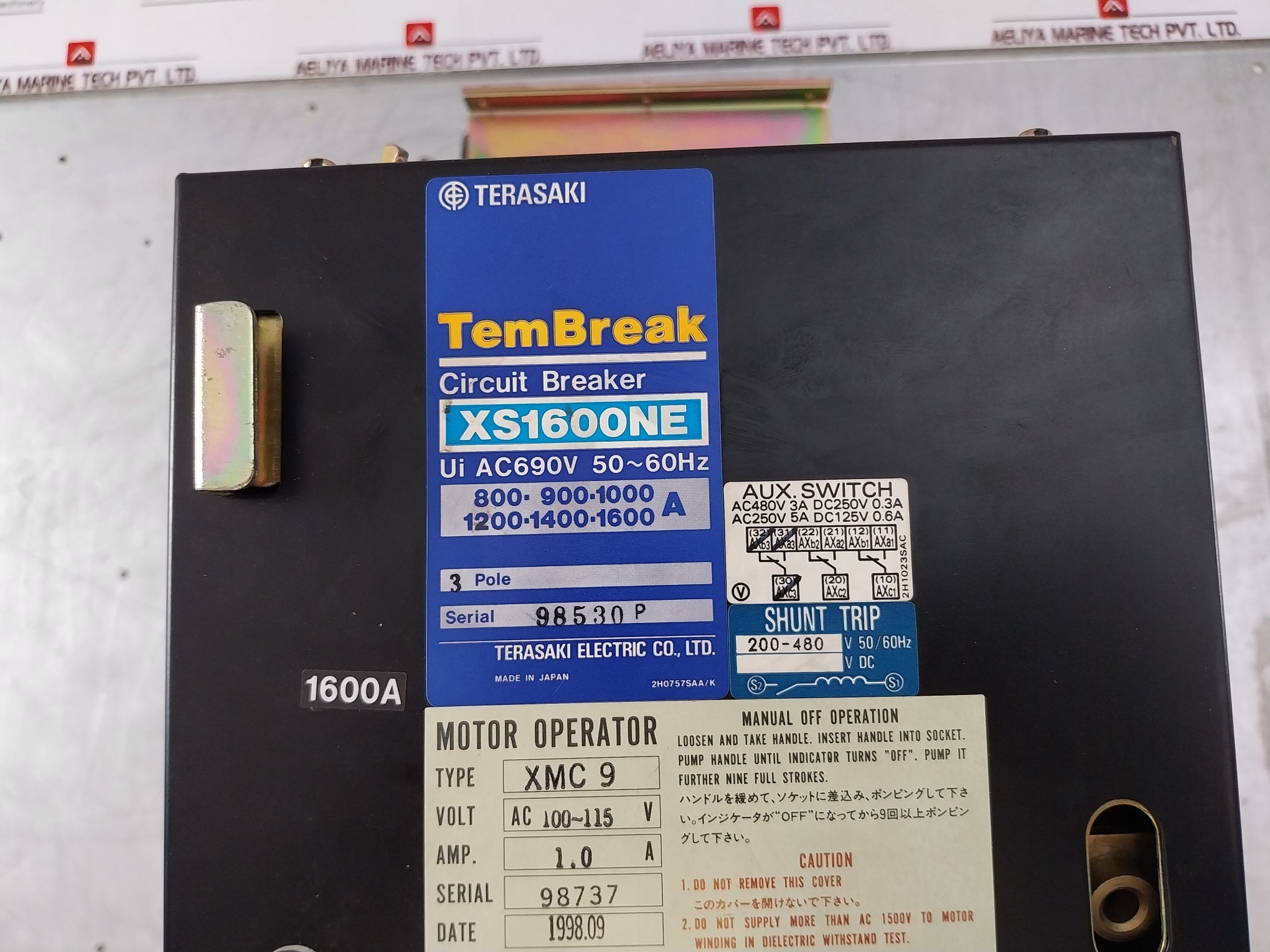 Terasaki Electric Xs1600ne Circuit Breaker Xmc 9 Motor Operator 1600 A 3 Pole