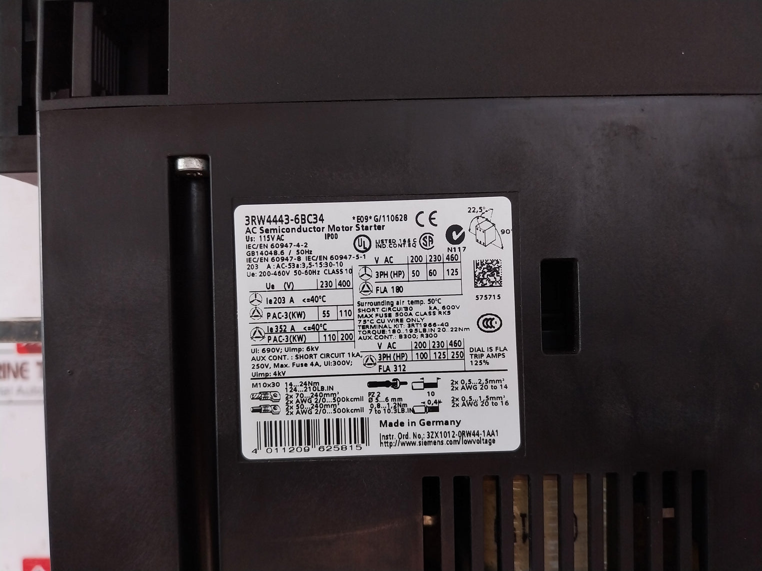 Siemens 3rw4443-6bc34 Digital Soft Starter 690v 50-60 Hz