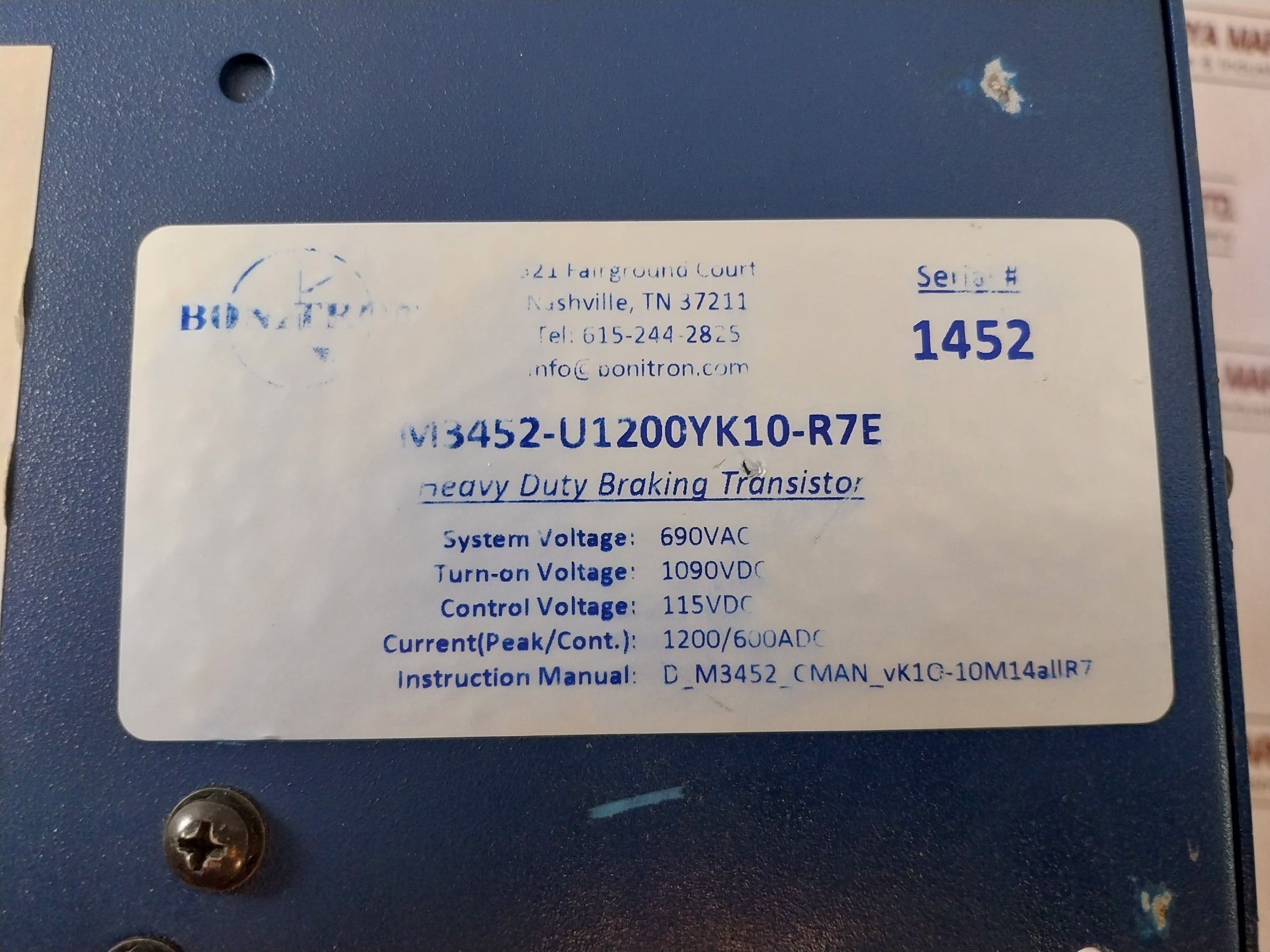 Bonitron M3452-U1200YK10-R7E Heavy Duty Braking Transistor 690V AC