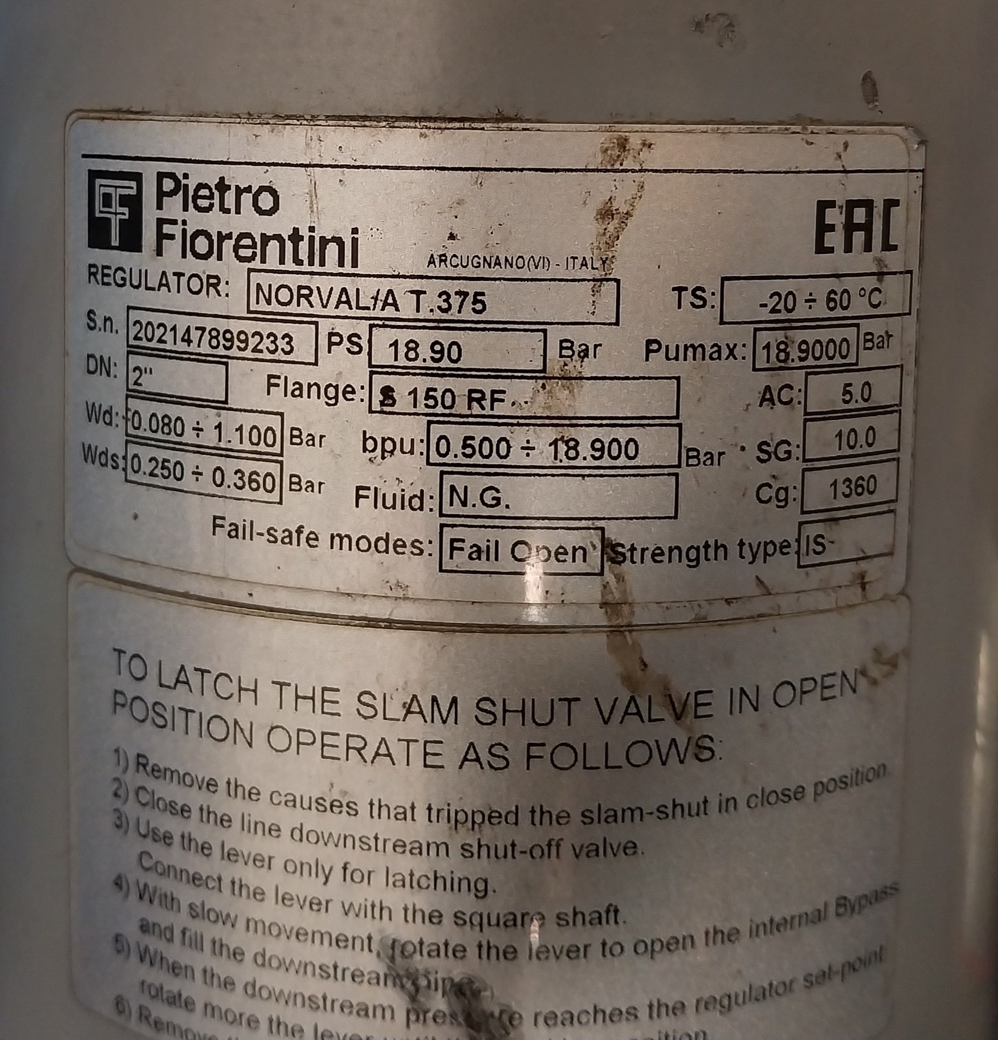 Pietro Fiorentini Norval/A T.375 Pressure Regulator 18.90 Bar M7492161