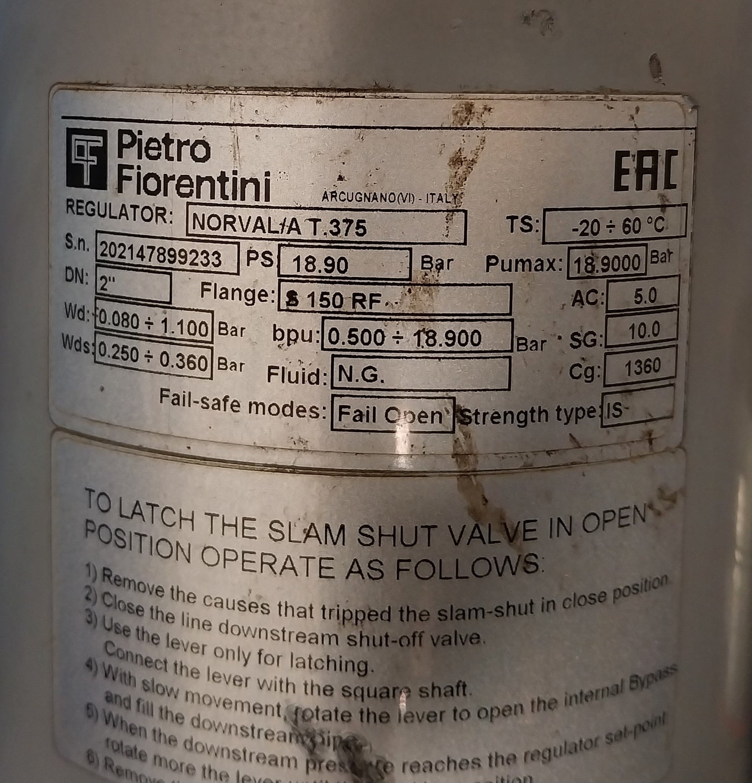 Pietro Fiorentini Norval/A T.375 Pressure Regulator 18.90 Bar M7492161