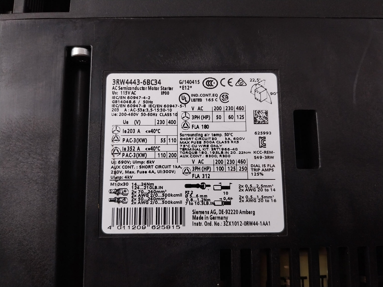 Siemens 3RW4443-6BC34 SIRIUS Soft Starter 115V 50-60Hz IP00