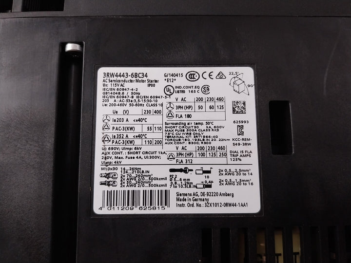 Siemens 3RW4443-6BC34 SIRIUS Soft Starter 115V 50-60Hz IP00