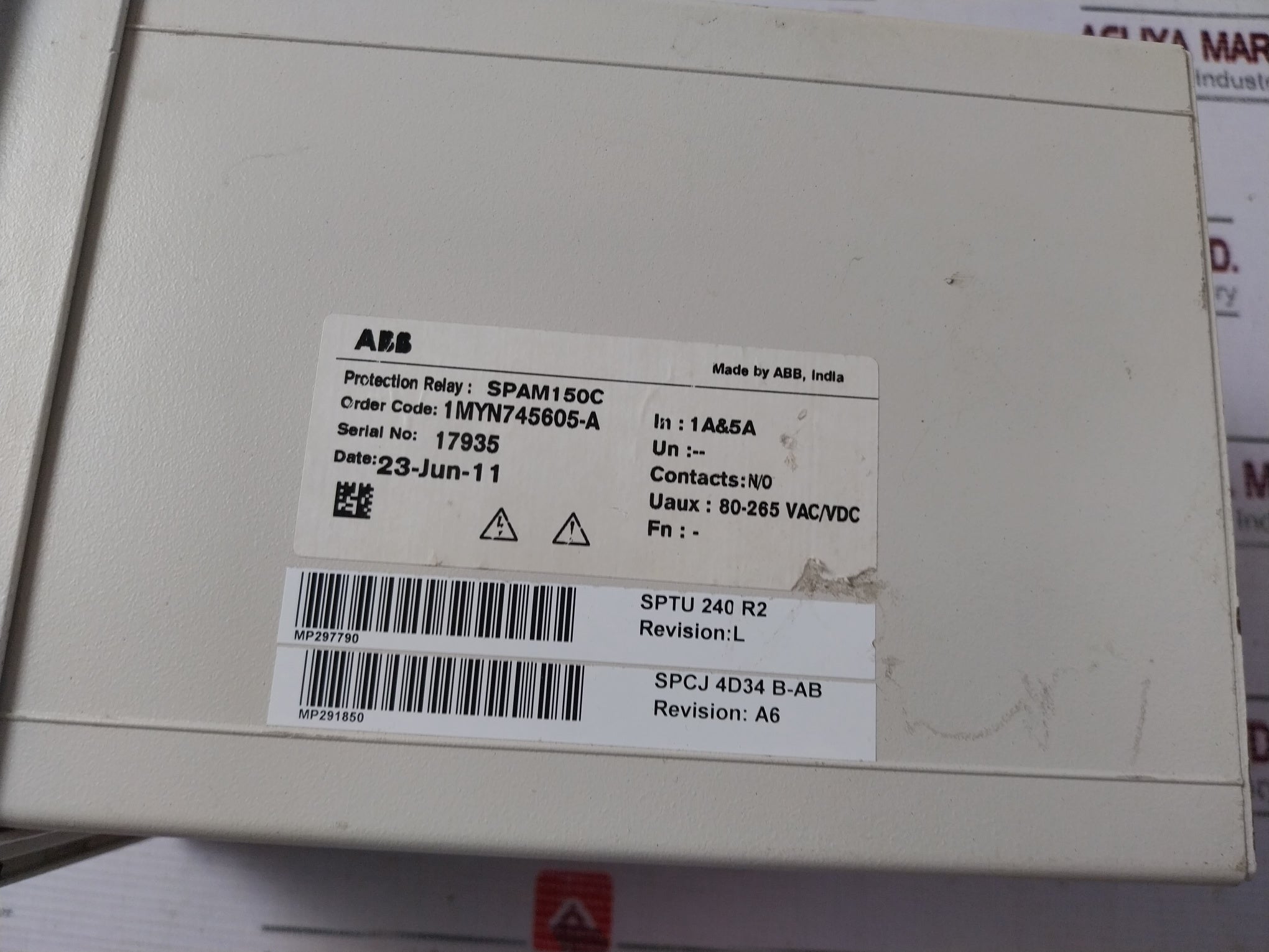 Abb Spam 150 C Motor Protection Relay 1Myn745605-a Sptu 240 R2 80-265Vac/Vdc