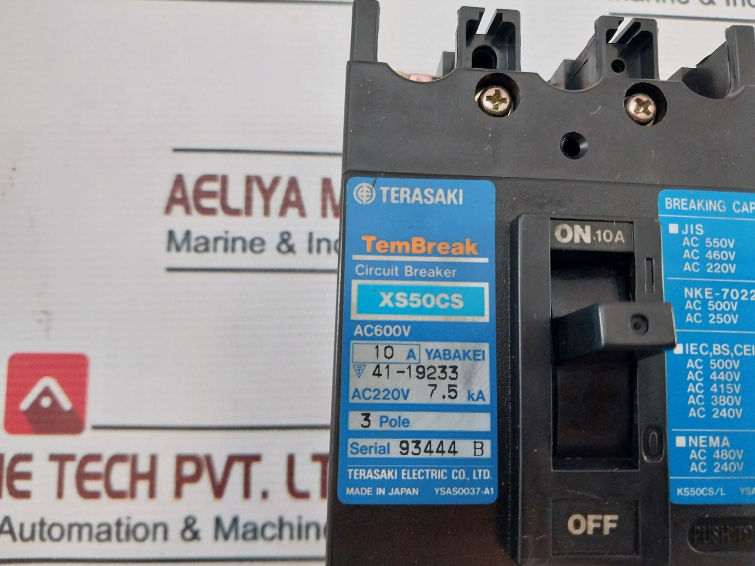 Terasaki Tembreak Xs50Cs 3 Pole Circuit Breaker 10A Ac600V