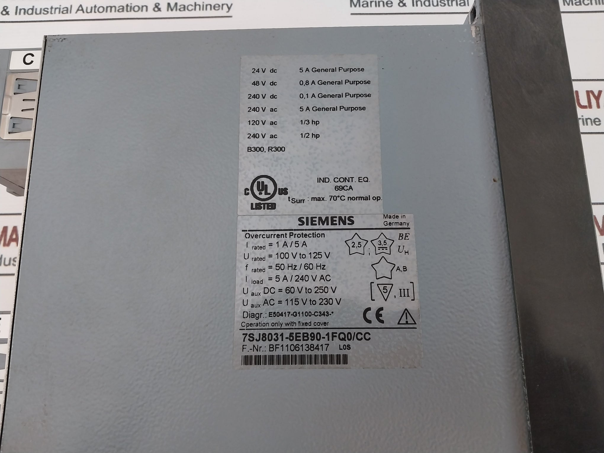 Siemens 7Sj8031-5Eb90-1Fq0/Cc Overcurrent Protection Relay 100V-125V