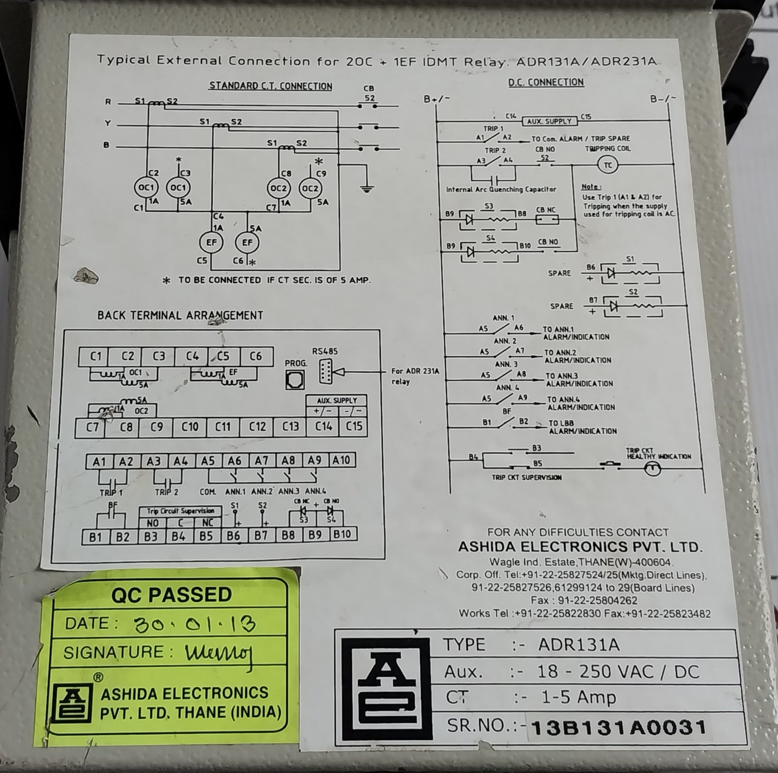 Ashida Adr131A Numerical Oc/Ef Protection Relay 18–250 Vac/Dc 1–5 Amp
