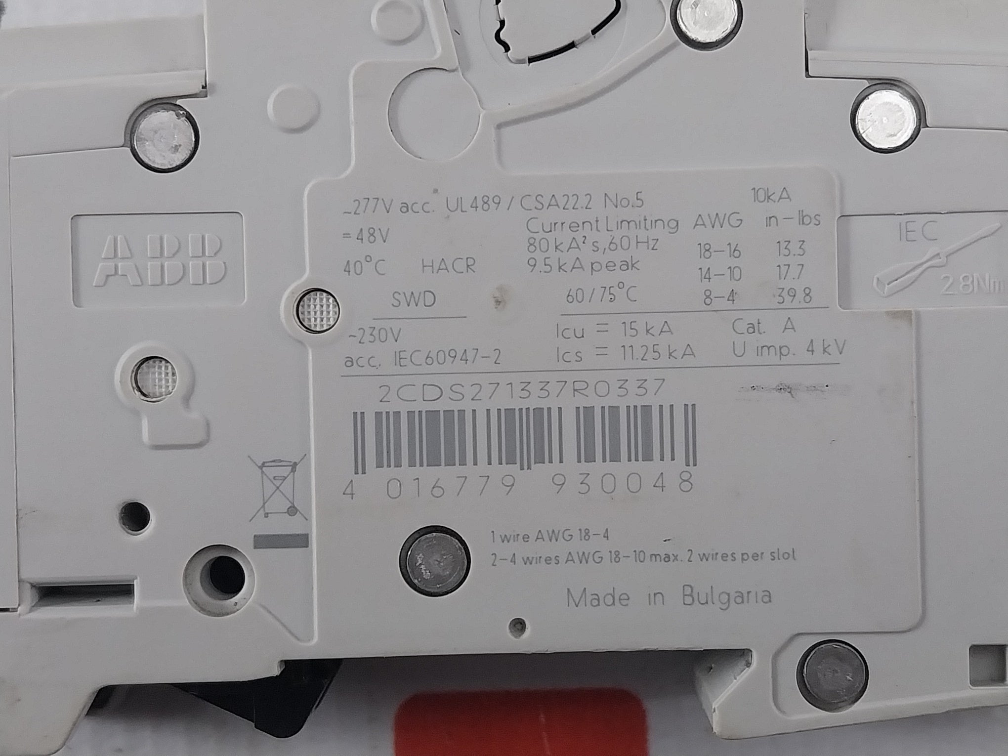 Abb 2Cds271337R0337 1 Pole Circuit Breaker Unit 60/75?C 50/60 Hz