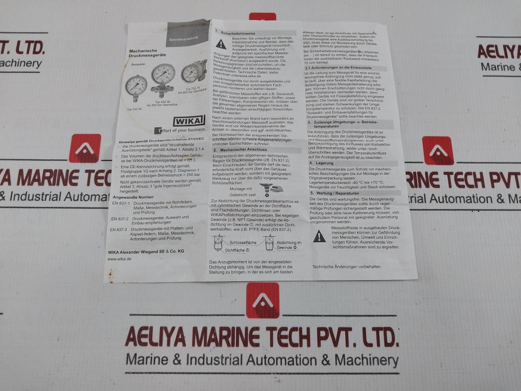 232.53.100/232.50.100 Wika Mechanical Pressure Gauge 0 To 1000 Kg/Cm2