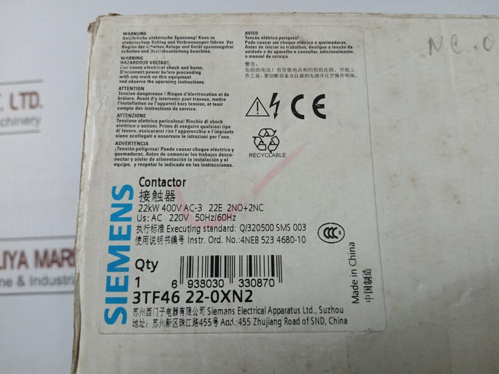 3-pole Contactor Ac 220V 50/60Hz Siemens 3Tf46 22-0Xn2