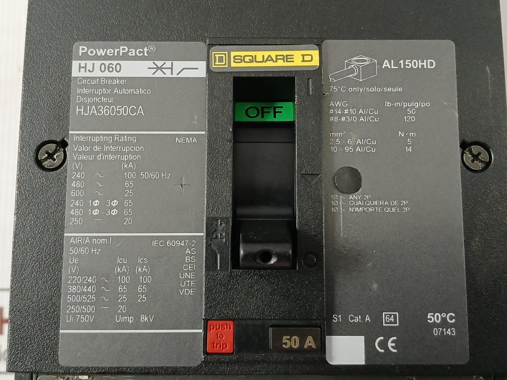 3-pole Molded-case Circuit Breaker Hj-060 Square D 750V 50/60Hz