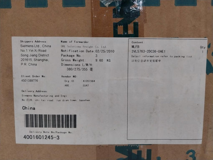 3-pole Molded Case Circuit Breaker 3Vl5763-2Dc36-0Ae1 Siemens