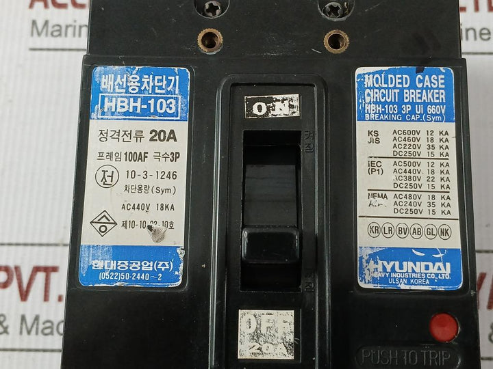 3-pole Molded Case Circuit Breaker Hbh-103 Hyundai 660V/20A