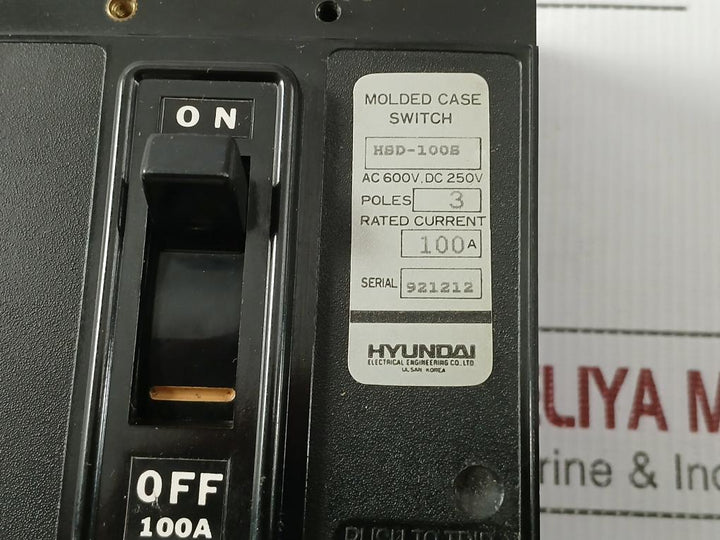 3-pole Molded Case Switch Hsd-100S 100A Hyundai Ac600V Dc250V 100A