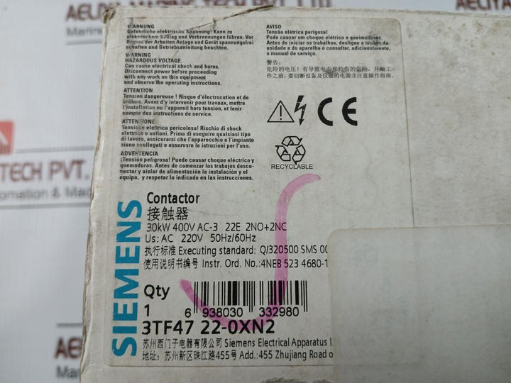 3Tf47 22-0Xn2 Siemens Contactor Ac 220V,50/60Hz