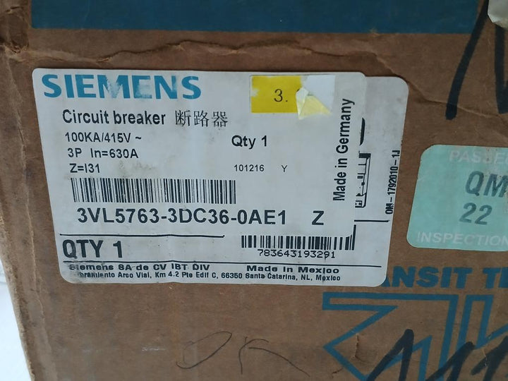 3Vl5763-3Dc36-0Ae1 Molded Case Circuit Breaker 50˚C 100Ka/415V~ Siemens